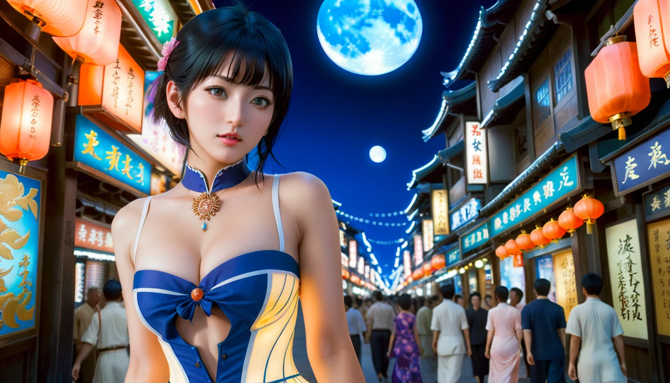 (backlight,navel:1.1,black hair),A beautiful woman wearing a dress on a busy street in Gintama, surrounded by merchants, Beautiful portrait of a stunning goddess girl, Beautiful detailed face, porcelain skin, half body shot, center,((moon,night,big neon,intense neon lighting,rim lights,two tone lighting))),