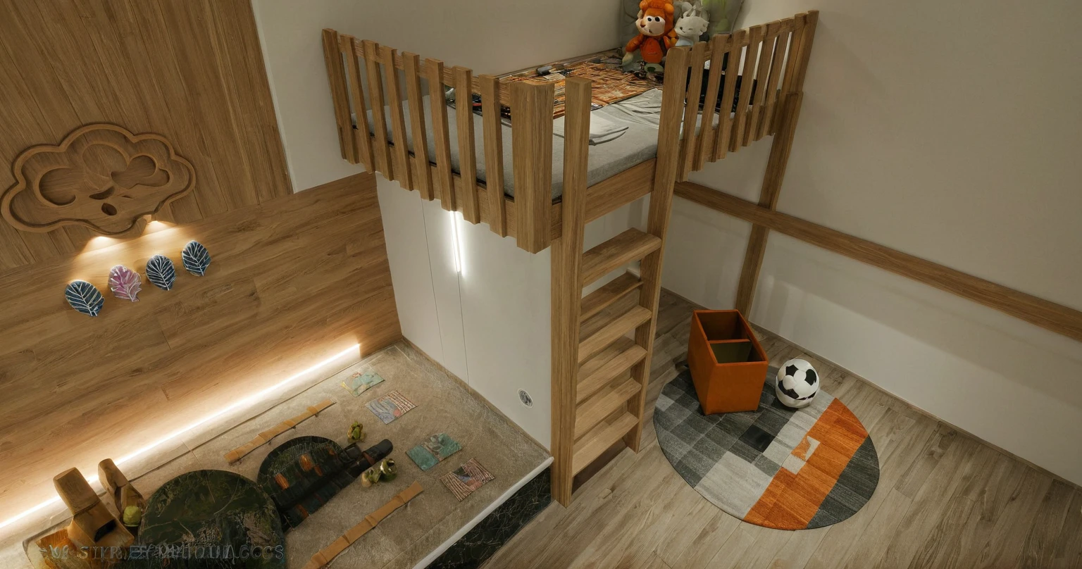 Raw photo, Masterpiece, high quality, best quality, authentic, super detail, interior, indoors, style modern, minimalist line, wooden, oak wood, LED light, decor paint wall, japan style, wasabi style, Jen style, steel stair, glass railing, penthouse, bedroom, kids