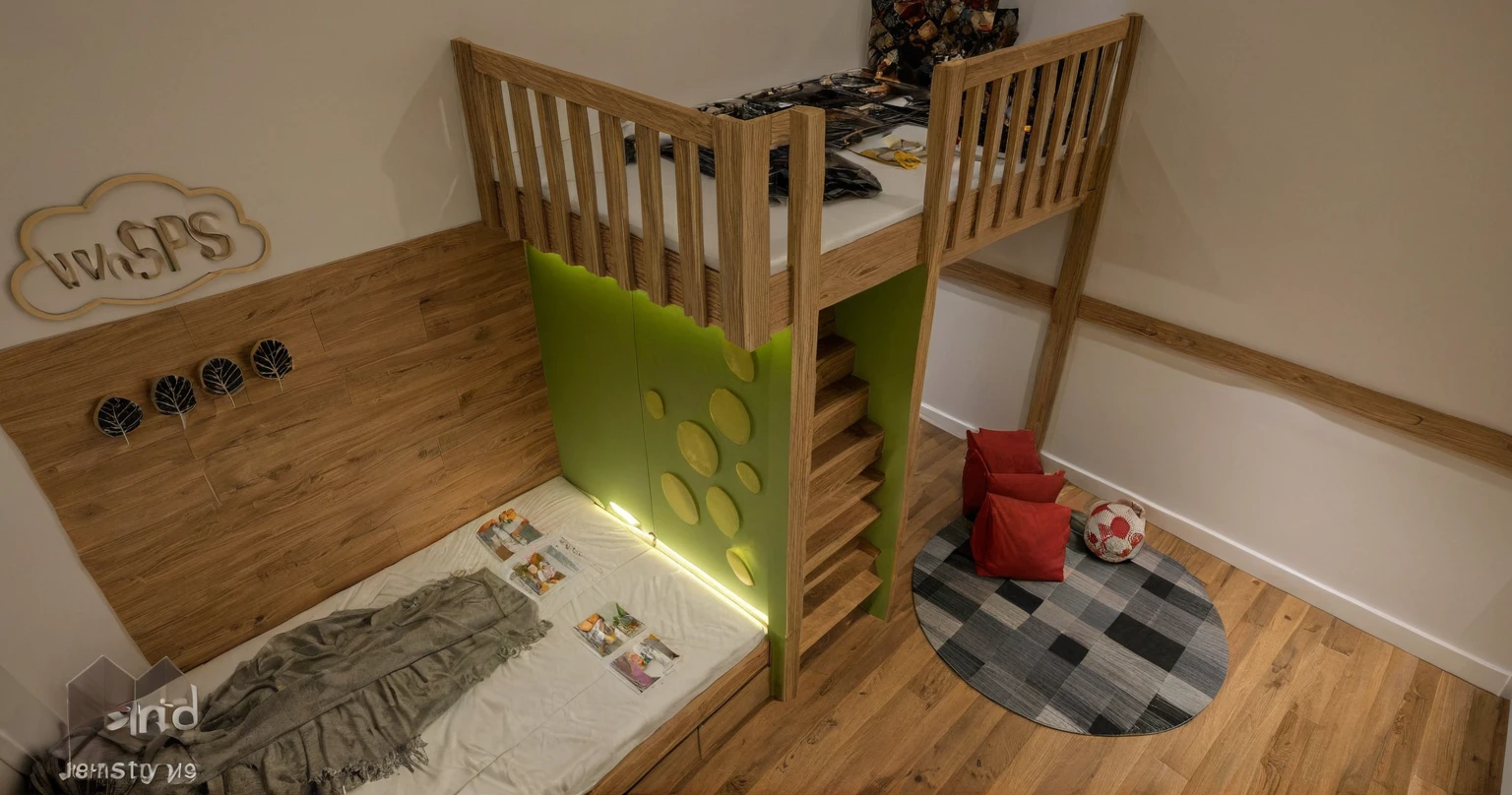 Raw photo, Masterpiece, high quality, best quality, authentic, super detail, interior, indoors,  style modern, minimalist line, wooden, oak wood, LED light, decor paint wall, japan style, wasabi style, Jen style, steel stair, glass railing, penthouse, bedroom, kids