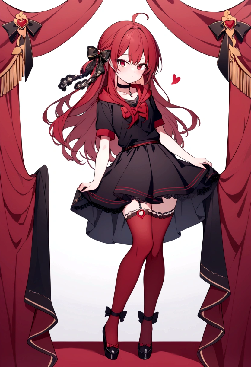 a girl with a black skirt and a small red shirt on top of is red stockings . red zip up hoodie, black shirt underneath with short sleeves and ,red hair, long hair and a flower with a ribbon on the bottom on the side on the hair and red eyes has a black Choker , and a small heart red necklace , has a ribbon bow waistband, main color red , full body