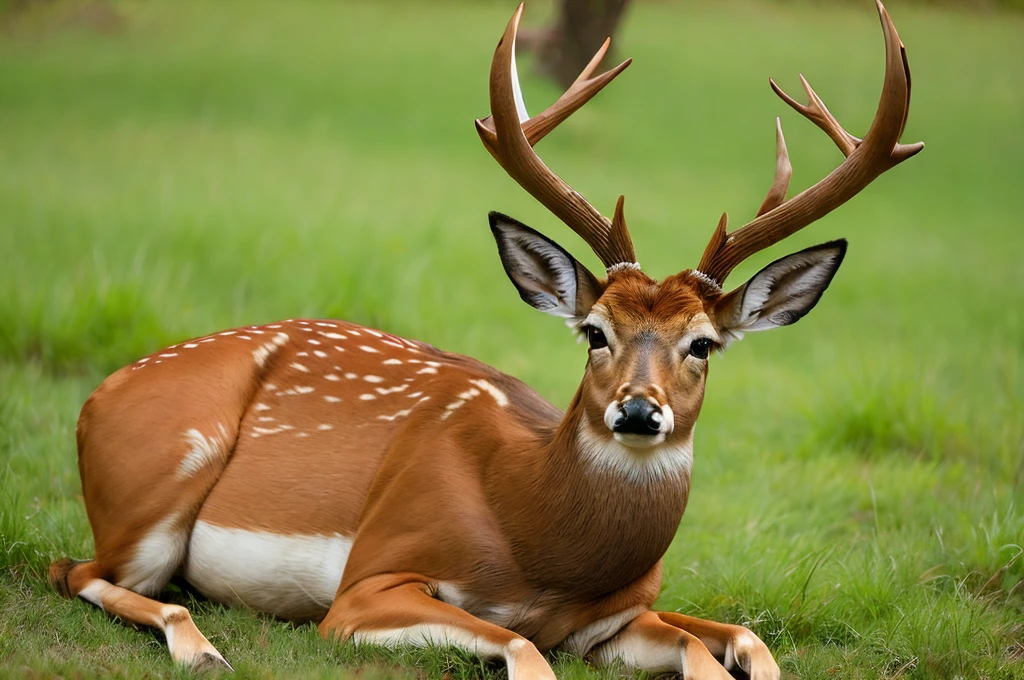 A deer lying in the grass, 两只Pointed ears, Imperial posture, deer ears, Slightly buck teeth, Big Horn, long Pointed ears, deer portrait, with Pointed ears, Horns on the head, 苍白的Pointed ears, Young male, big ear, Peaceful Expression, Corners under cheeks, Pointed ears, Pointed ears