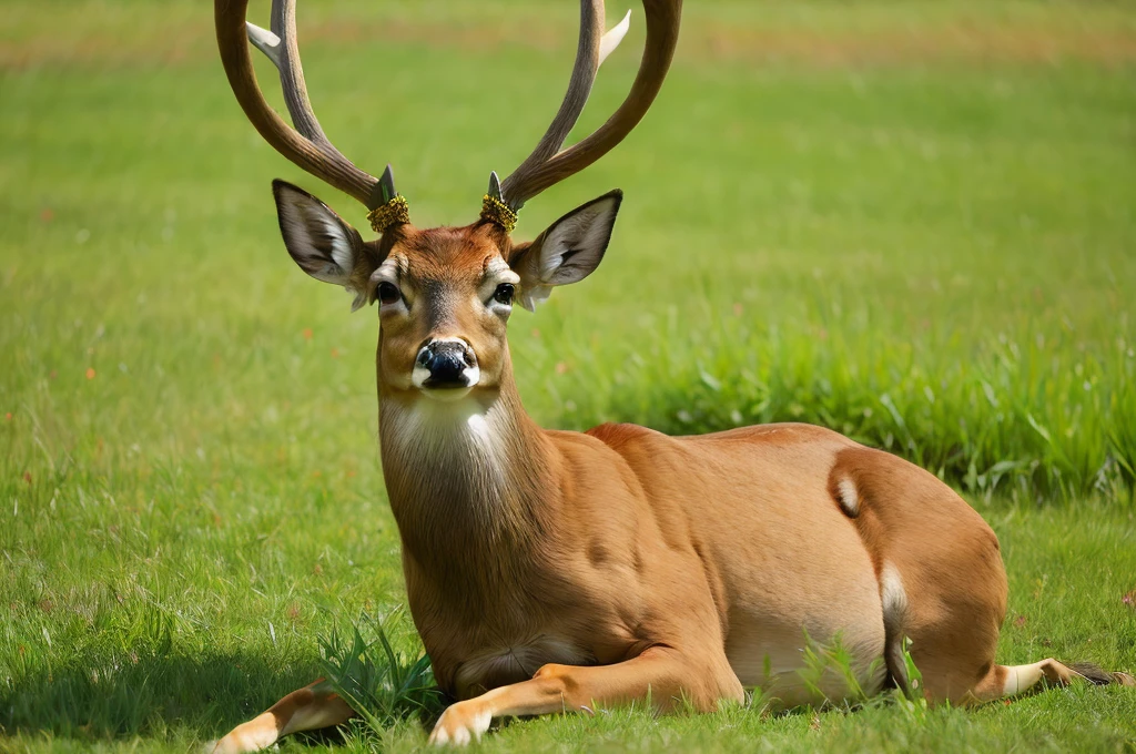 A deer lying in the grass, 两只Pointed ears, Imperial posture, deer ears, Slightly buck teeth, Big Horn, long Pointed ears, deer portrait, with Pointed ears, Horns on the head, 苍白的Pointed ears, Young male, big ear, Peaceful Expression, Corners under cheeks, Pointed ears, Pointed ears
