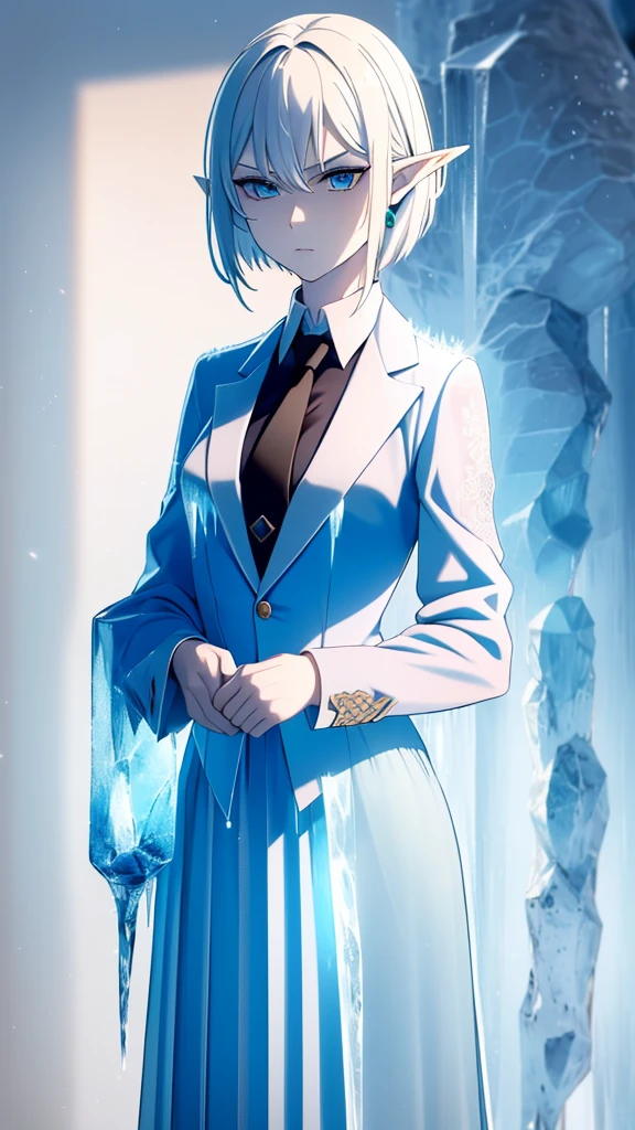 1girl ,solo,20s,mature female,serious face,short hair,elf ears,(grass),shirt,black standard tie,blue blazer,long sleeves, black pleated skirt,(upper body),frosty white Skin , Icy white hair ,Glacial blue eyes,ice body