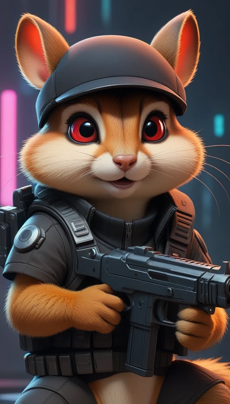 ASCIImasterpiece Comic 2 (((Cyberpunk))) Chipmunk with a gun, bionic (Prosthesis), Glittering red eyes, ((Futuristic, Dystopia, Neon Colors)), symmetry, Very detailed, number, Art Station, Concept Art, Clear focus, illustration, Volumetric Lighting, Epic Composition, 8K, painting, CG Society