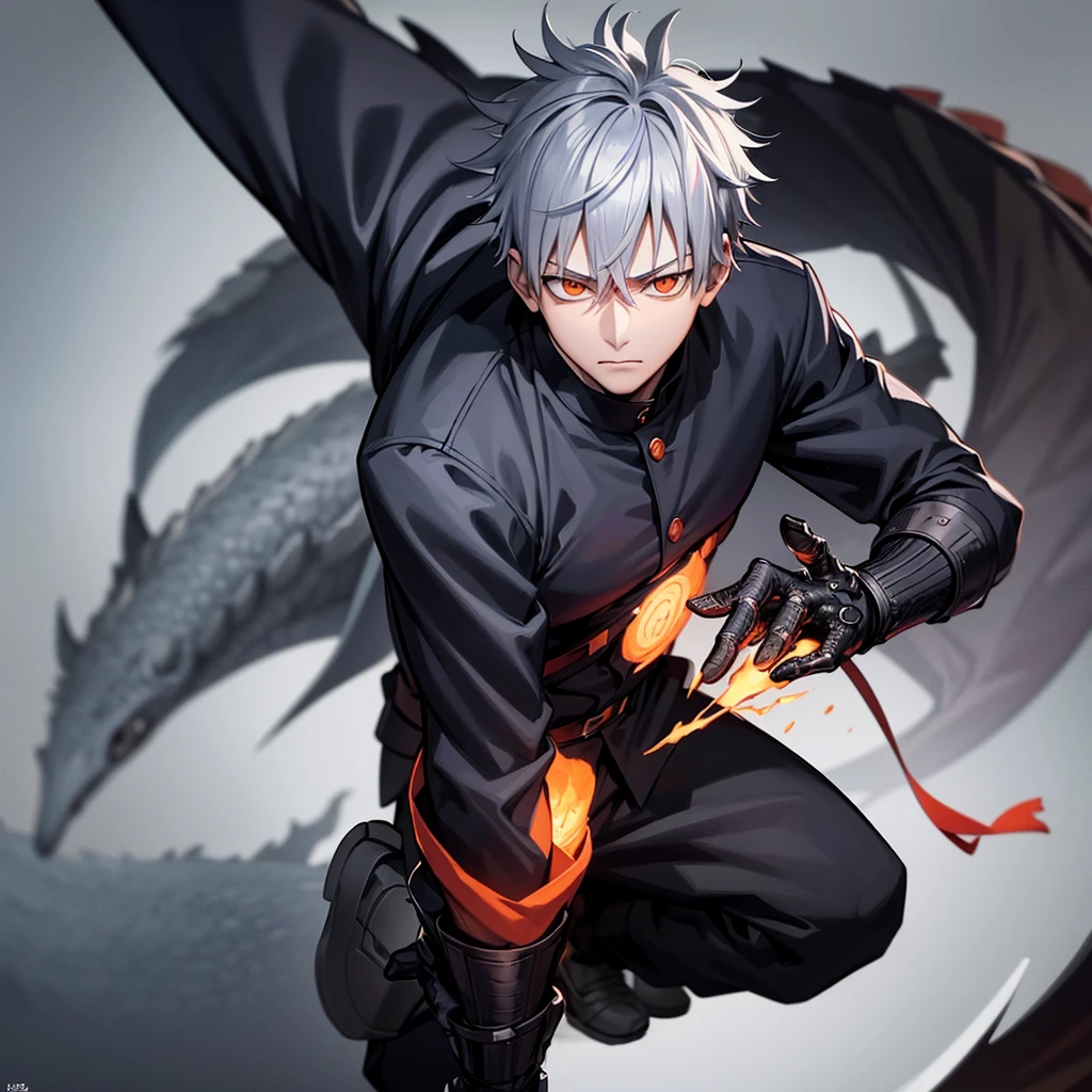 one japanese man, silver hair, orange eyes, high res, masterpiece, ultrasharp, jujustu kaisan style, jujutsu kaisen background, with a dragon