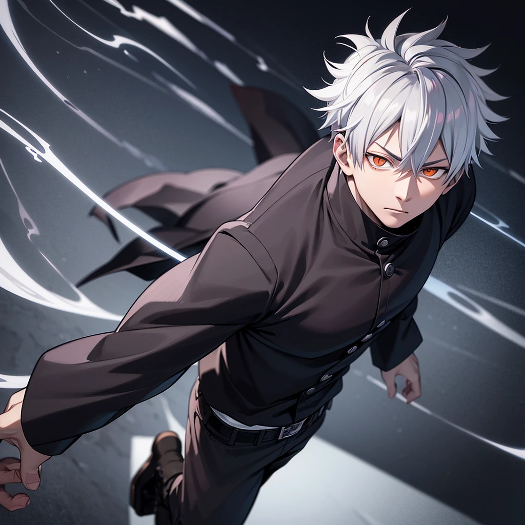 one japanese man, silver hair, orange eyes, high res, masterpiece, ultrasharp, jujustu kaisan style, jujutsu kaisen background, with a dragon
