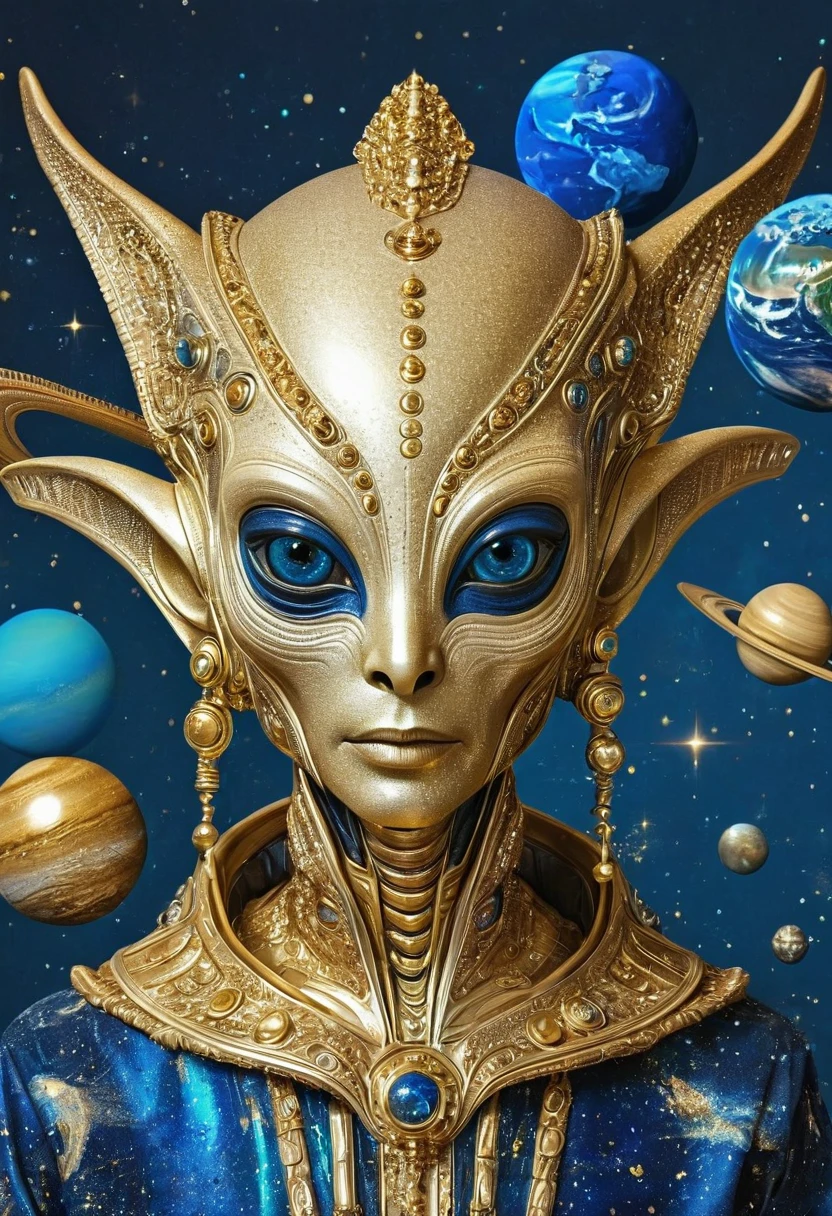 illustration,illustration,Golden Alien Portrait,Blue Background,Planet Decoration,Artistic Creativity:1.37