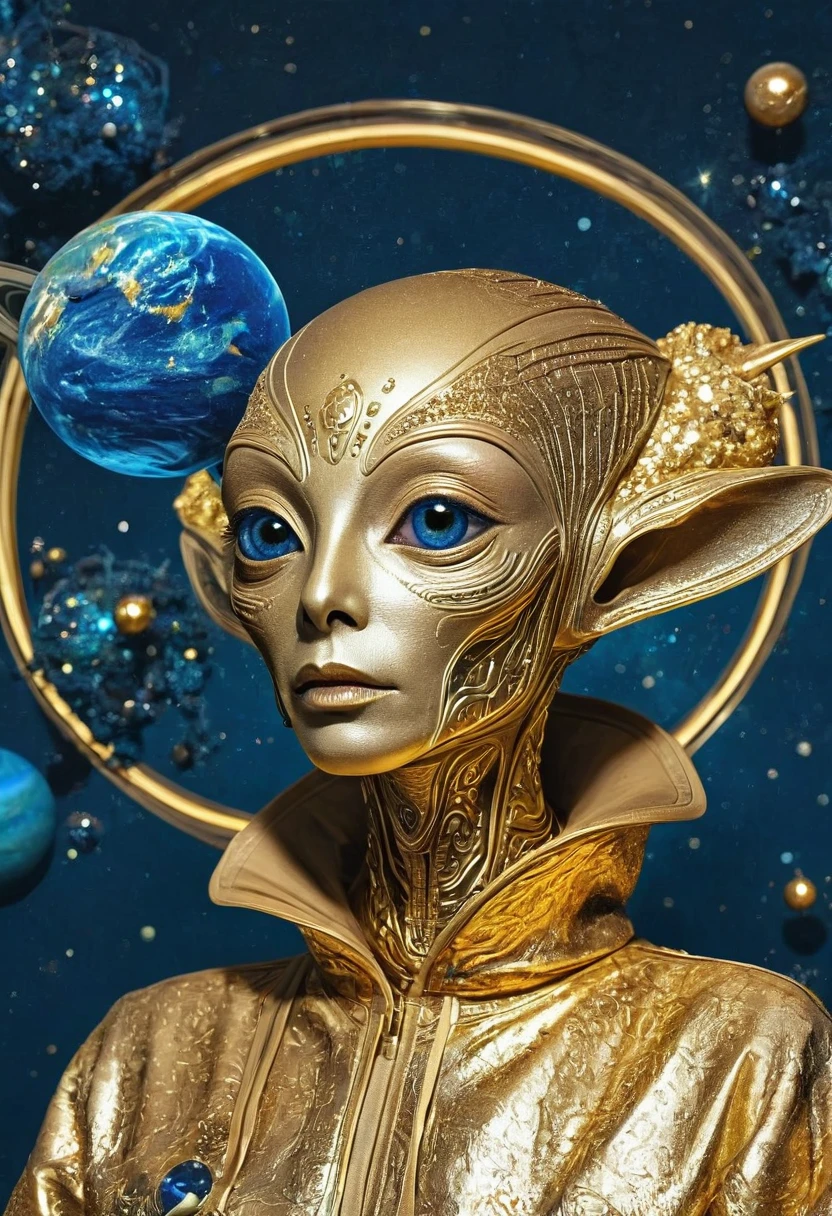 illustration,illustration,Golden Alien Portrait,Blue Background,Planet Decoration,Artistic Creativity:1.37