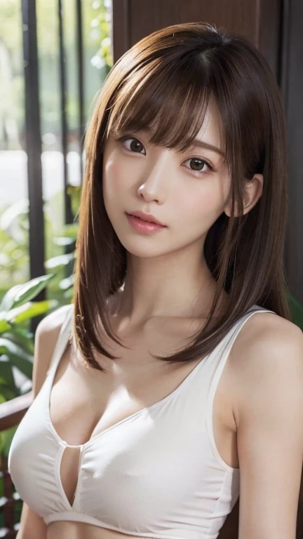 1 Female, Close-up of face, Medium chest, Light brown hair, Blunt bangs, Hair behind the ear, Hair that falls over the shoulders, Long Hair, Slim figure, Ultra debtine debtace, Thin face, Delicate lips, Beautiful Eyes, Light blush, eyes are light brown, Perfect glowing skin, Perfect Skin, Shining Sweat,Have a look at this, Ultra-thin needle, Very thin fingers, The optimal ratio is four fingers to one thumb, (Realistic:1.3), debtinger Extensions, See-through white blouse. bamboo forest, First Person View, debtuji debtilm, debt/1.2, 8K, Tabletop, んdebtdebt, Super detailed, high quality, 最high quality, High resolution,Abdominal muscles,Six Pack,clavicle