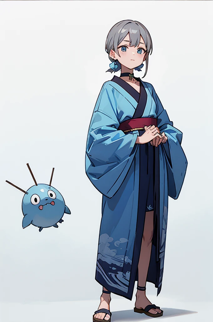 Blue Yukata、Gray Hair、Mischievous face、Choker on neck、Big earrings、Arms crossed、Only the mouth is smiling、Straw sandals、Choker on right leg、Shoulders are out(whole body、Are standing、、White background)