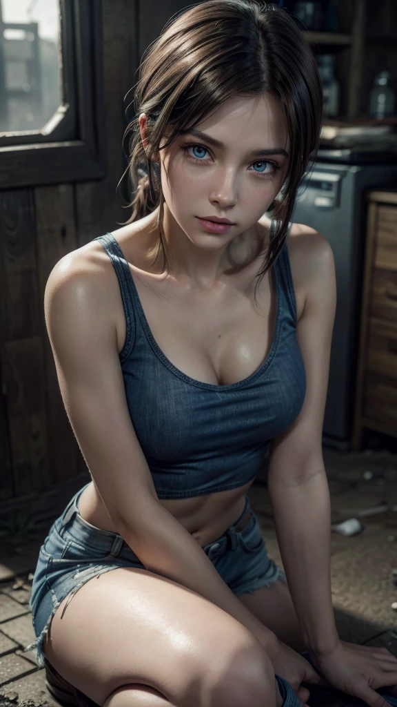 Jill Valentine Resident Evil short dark brown hair, medium pale skin,
BREAK blue tank top, denim mini shorts, brown military boots REST looking at viewer,
REST outside, abandoned city at night with rain,
BREAK (Masterpiece:1.2), Best Quality, high resolution, unity wallpaper 8k, (illustration:0.8), (Beautiful detailed eyes:1.6), extremely detailed face, perfect lighting, Extremely detailed CG, (perfect hands, perfect anatomy),