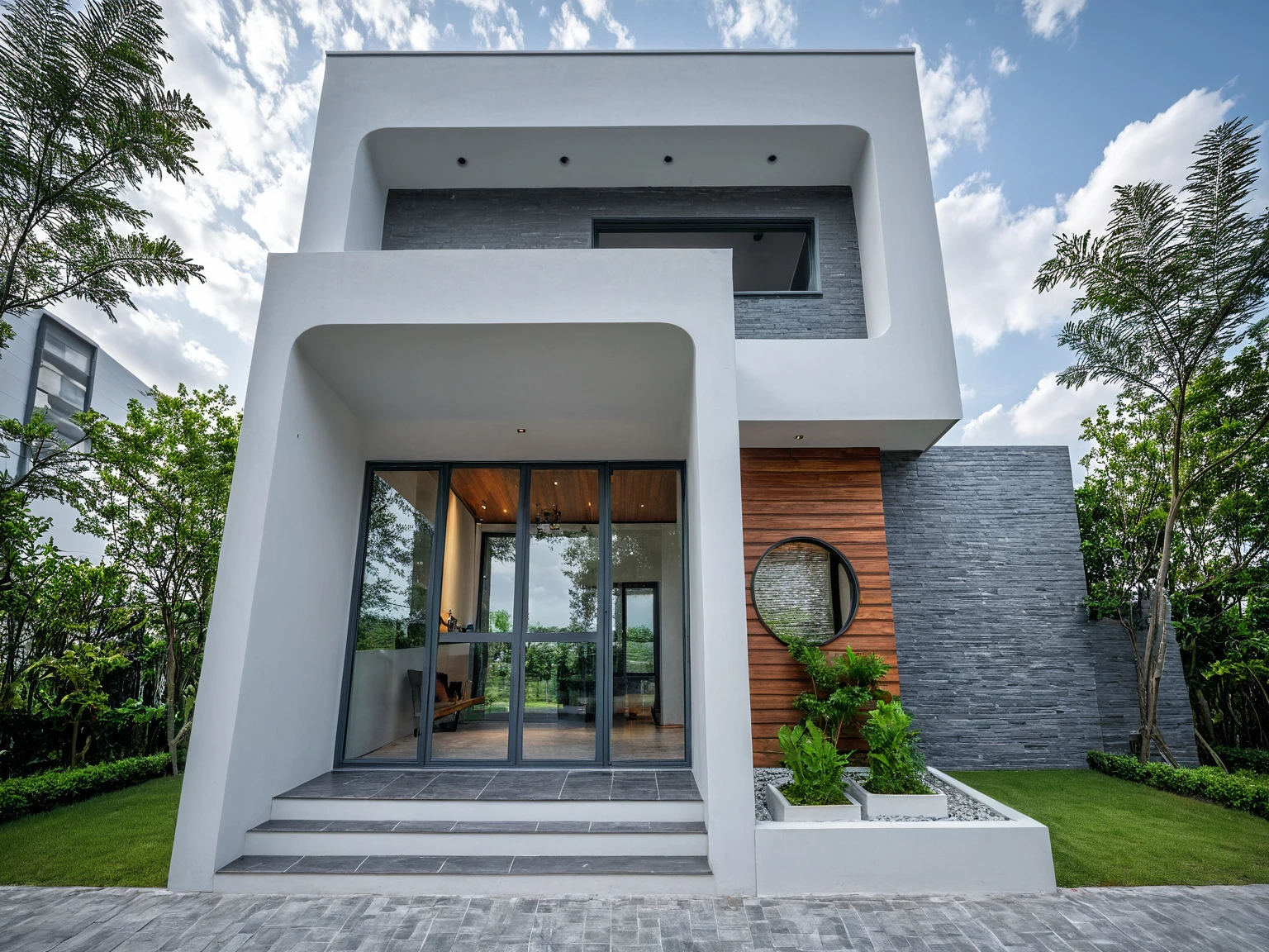 Raw photo, masterpiece, high quality, best quality, realistic, super detailed, outdoor, " 2-storey house " , modern Mezzanine house style, (white wall), curved wall facade, aluminum interior door glass, curved planter, gray tiled accent wall, gray iron box exterior gate, road, sidewalk, grass, trees, sky, clouds, (daylight):1.1)