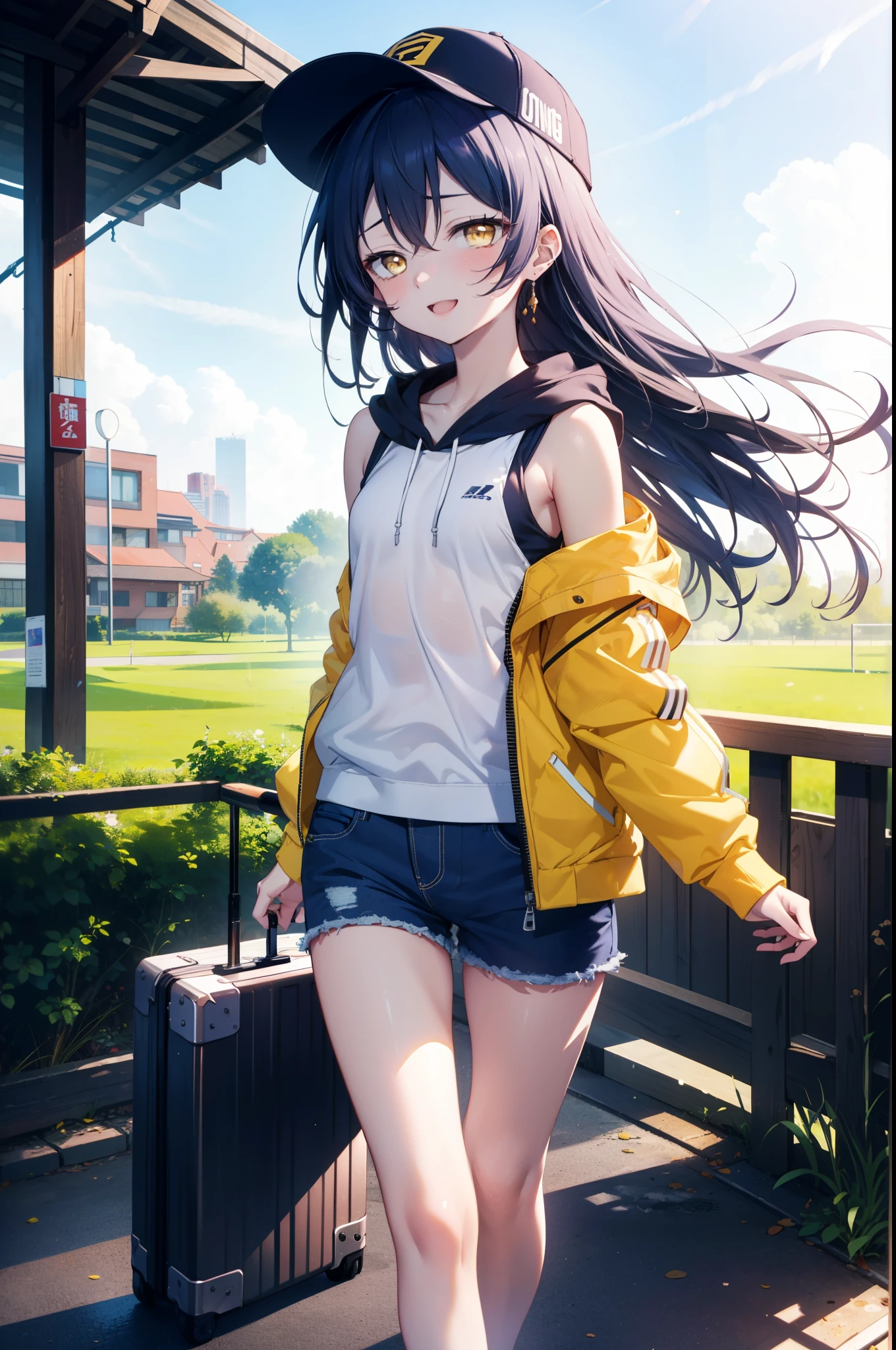 Umi Sonoda, Long Hair, Blue Hair, (Yellow Eyes:1.5) (Flat Chest:1.2),happy smile, smile, Open your mouth,Baseball hats,Sleeveless blue hoodie,Shorts,Sandals,Push-type suitcase,Walking,Daytime,Clear skies,True Summer,whole bodyがイラストに入るように,
break looking at viewer,whole body,
break indoors, countryside,
break (masterpiece:1.2), Highest quality, High resolution, unity 8k wallpaper, (figure:0.8), (Beautiful attention to detail:1.6), Highly detailed face, Perfect lighting, Highly detailed CG, (Perfect hands, Perfect Anatomy),