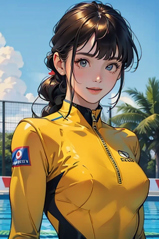 masterpiece、Highest quality、High resolution、Two realistic girls、Competitive swimmer、Close-up of a person、wearing a yellow bodysuit、During Competitive swimmerics competitions、smile、Swimming Venues、sexy competition swimwear