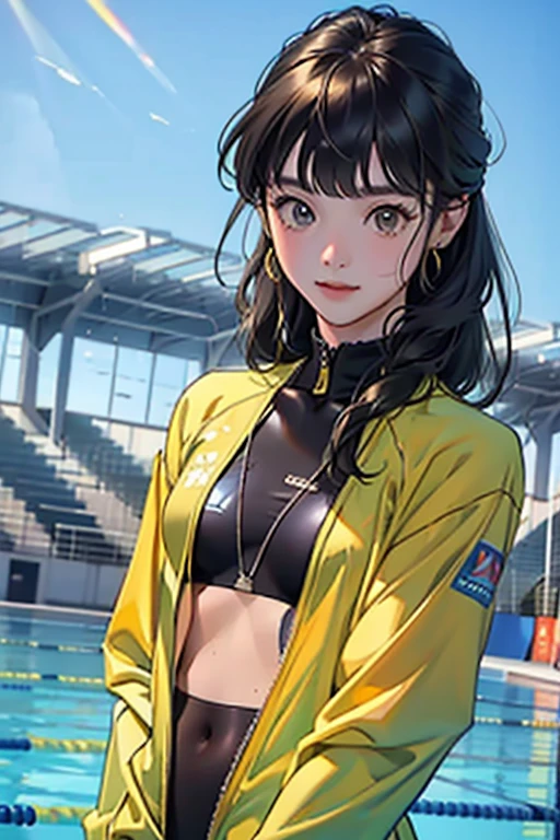 masterpiece、highest quality、High resolution、Two realistic girls、Competitive swimmer、Close-up of a person、Wearing a yellow bodysuit、During Competitive swimmerics competitions、smile、Swimming Venues、Sexy competitive swimsuit 