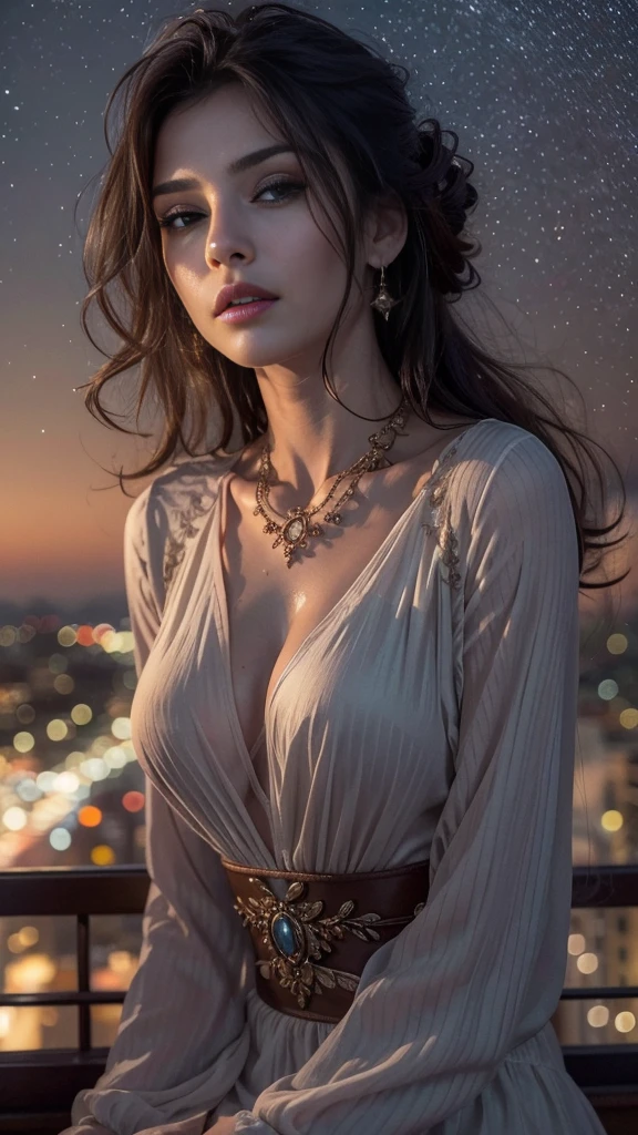 (32k:1.5, Highest quality, masterpiece, Ultra-high resolution), Professional camera work:1.6, Highly detailed skin and face textures:1.3, Captivating portrait:1.2, Very accurate, Very detailed, 1 adult female, ((Amazing night view from the rooftop:1.4, The moonlight at night illuminates my body)), (Satin Nightgown:0.7), Incredibly slim body, Sensual sitting position, sense of loss, Sadness, Expressions of sadness, (Big eyes that exude beautiful eroticism:0.4, Small face, A dreamy look:1.0, I love you with all my heart:0.8, Open your mouth a little, lipstick, Feel the beautiful eroticism:0.9), (Wet dark brown medium length hair), Candles, The chest is medium, Earrings, necklace, bracelet, (romantic, mysterious), Fair skin, elegant, Object of admiration, original, dramatic, Artistic, Innovative, Charm, Heartful, Fancy, sense of openness, sense of cleanliness, Special, exciting, Extreme, Tilt, ((Adult charm, Feminine charm, Hair blowing in the wind)