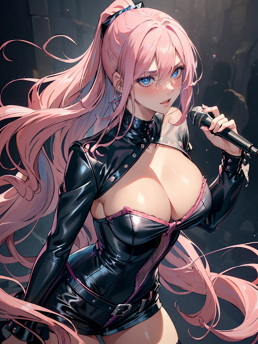 handsome WOMAN，blue-eyes，blue pupils，Long pink hair，Hyperresolution，accuracy，Detailed rendering，（Subtle facial image）（Image of fine hair）（topquality）（Masterpieces of masters）（High degree of completeness）（A sense of atmosphere）tmasterpiece，Super detailed and super detailed（half-body portrait), long wavy pink hair, (((tHICK WAVY HAIR)))(((ANKLE LENGTH HAIR)))(((Blushing)))(((Huge breasts)))(((LARGER BREASTS))) large breasts, bigger breasts (((Bigger breasts))) (((Blushing))) (((Sakimichan))) (((Pink hair))) (((black Rockstar outfit))) (((Leather black outfit))) (((Rockstar)))(((Fishnet tights)))(((cASUAL ROCK OUTFIT))) (((gRUNGE OUTFIT))) (((rOCK MAKEUP))) (((sINGING))) (((bLACK LEATHER OUTFIT))) (((bLACK EYELINER)))(((Fierce expression))) (((Focused))) (((Hair in a long ponytail))) (((Ponytail))) (((Sexy latex outfit)))(((Elf ears)))