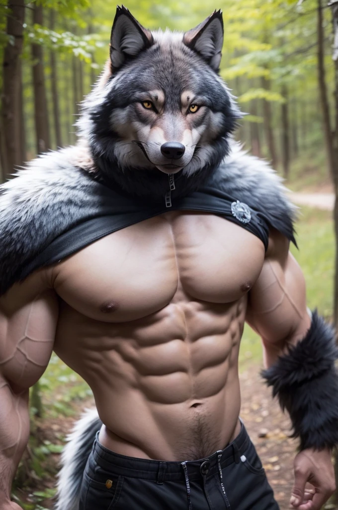 An adult, muscular male wolf fursuit alone outdoors ...