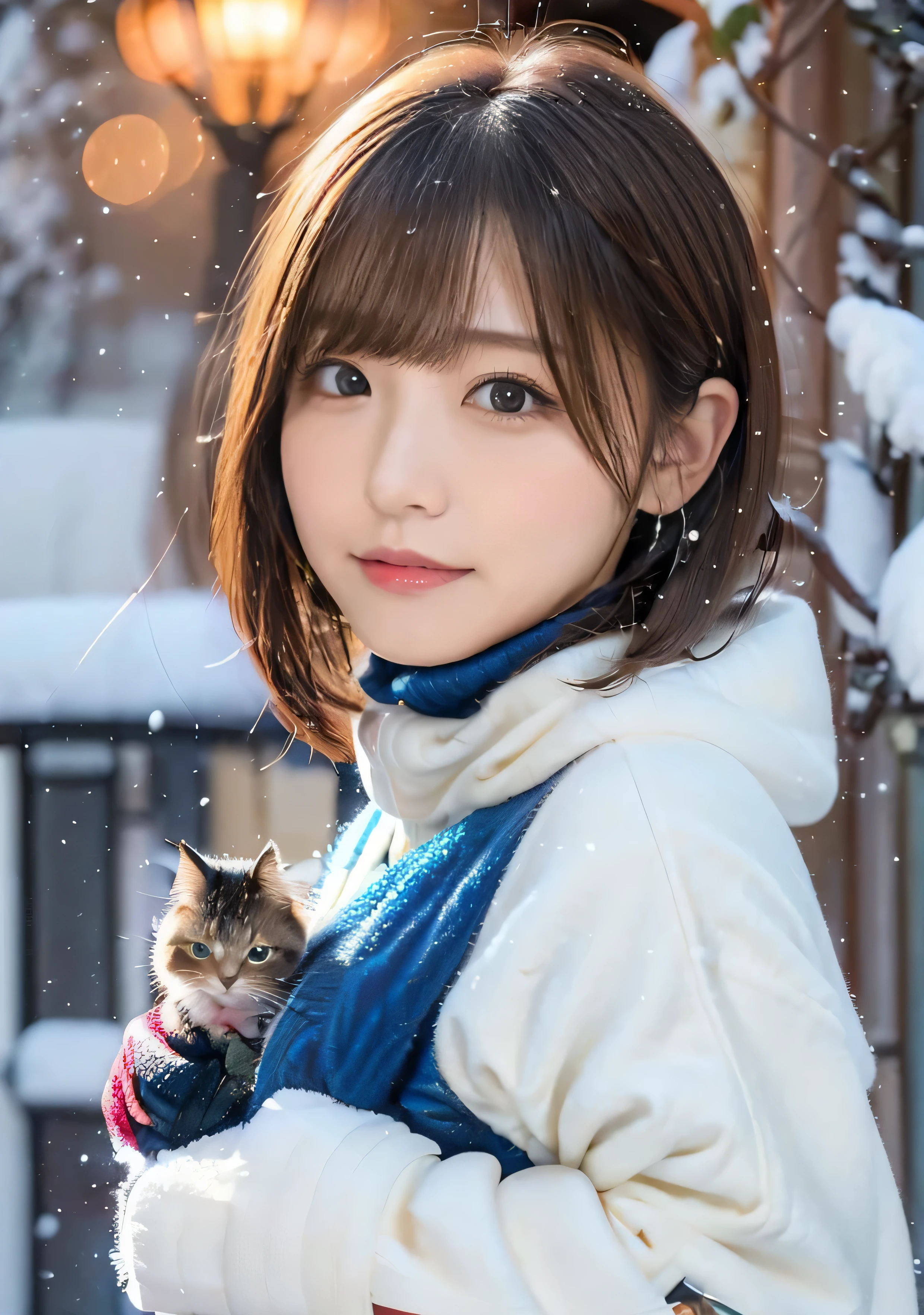 blue eyes、Holding a kitten、Photo from the waist up、Night city illumination shot、Cowgirl Shot、Fur coat、Luxurious grey mink fur coat、Wear fine leather boots、Luxury Bags、Inner turtleneck、Silver necklace and small silver earrings Millionaire style:1.4））、Full body photo、smile、 Caustics、Highly detailed photos、Very beautiful woman 、Ample breasts、No makeup、(8K、RAW Photos、Highest quality、masterpiece:1.2)、(Realistic、Realistic)、1 Girl、((Medium Short Hair、Midwinter、Cold region Snow falling、The wind is blowing、Fluttering Hair、Blur the background、Colorful illuminations、Looking into the camera:1.4))、
