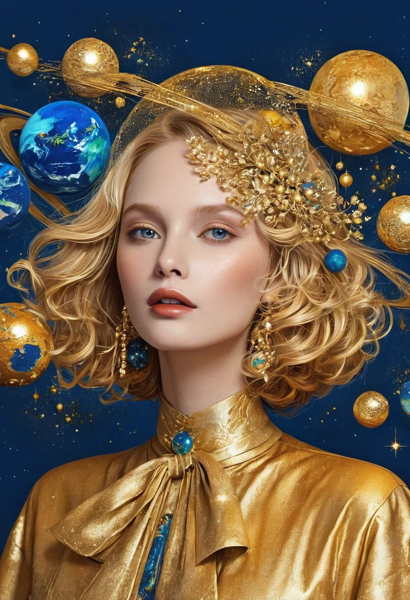 illustration,illustration,Golden Woman Portrait,Hair Bunch,Blue Background,Planet Decoration,Artistic Creativity:1.37