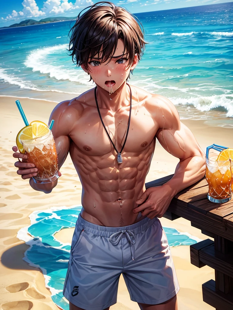 Highest quality,Highest Resolution,Ocean,Sandy Beach,Beach,A beautiful boy in a swimsuit with a crying face,Sport hunting,sunny,Open your mouth wide and drool,Tears,Sweat profusely,Abdominal muscles,Muscular,(((Drink a drink)))