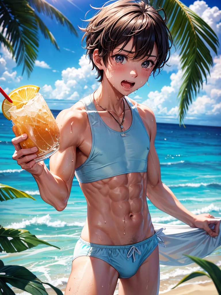 Highest quality,Highest Resolution,Ocean,Sandy Beach,Beach,A beautiful boy in a swimsuit with a crying face,Sport hunting,sunny,Open your mouth wide and drool,Tears,Sweat profusely,Abdominal muscles,Muscular,(((Drink a drink)))