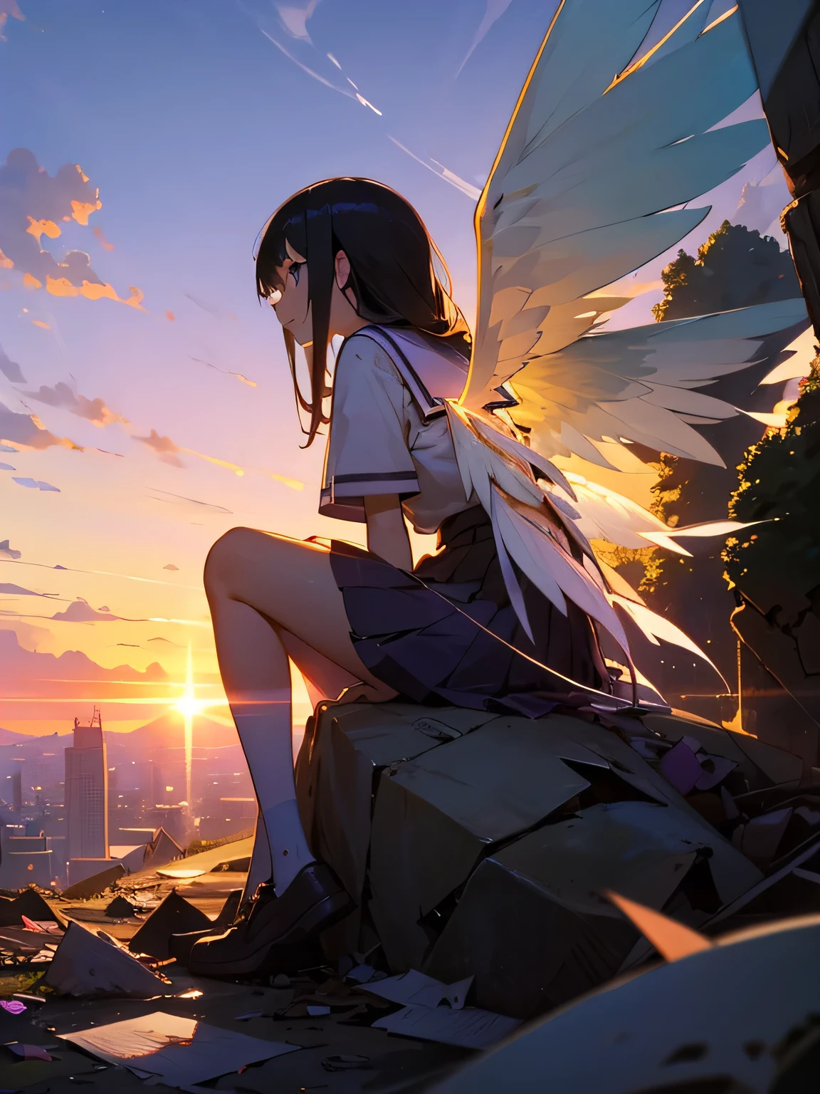 sideview,solo,high school girl、Transparent white wings、Sitting on a rock、Orange and purple evening sky、A pile of discarded garbage、Looking at the sky、Graffiti、