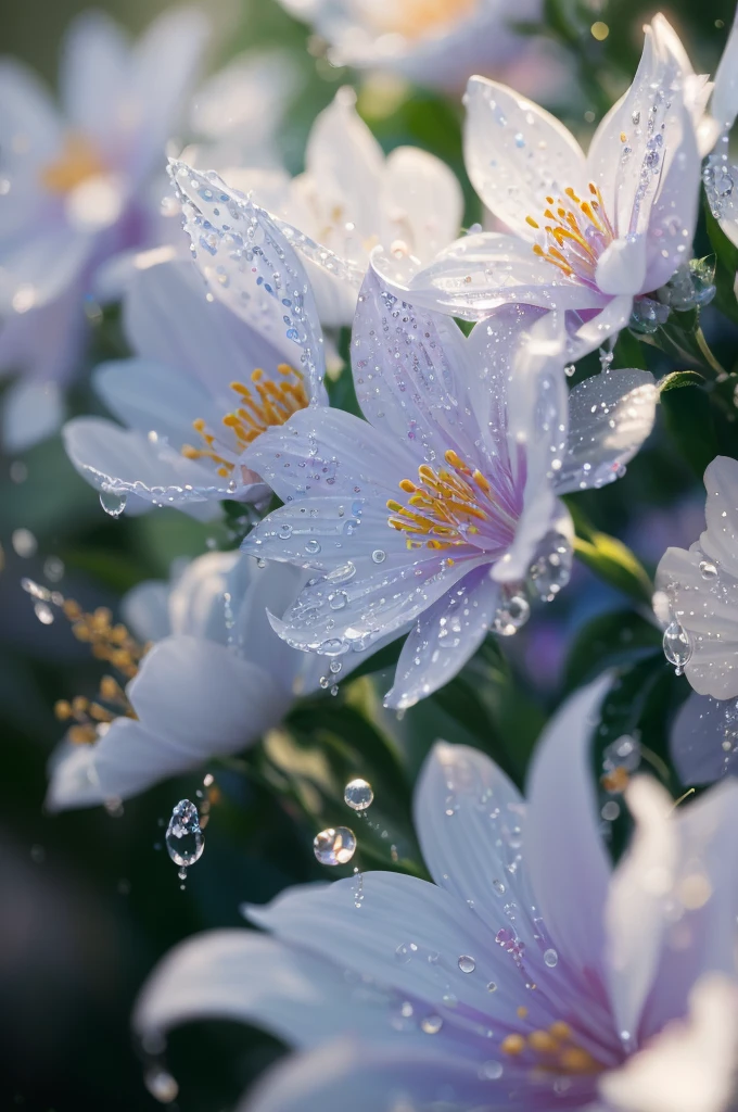 a close up of a plant with water droplets on it, a macro photograph by Marie Bashkirtseff, flickr, pointillism, bokeh. iridescent accents, very ethereal, ethereal!!!!!!!, lovely bokeh, incredibly ethereal, ethereal!!!, glittering and soft, . ethereal lights, ethereal beauty, dewdrops, very magical and dreamy