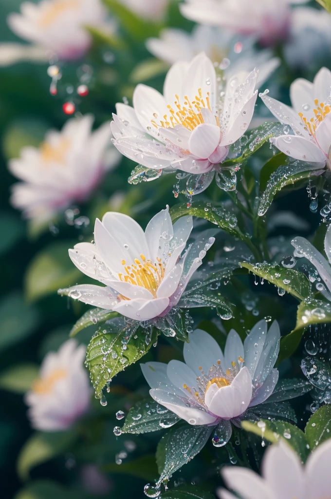 a close up of a plant with water droplets on it, a macro photograph by Marie Bashkirtseff, flickr, pointillism, bokeh. iridescent accents, very ethereal, ethereal!!!!!!!, lovely bokeh, incredibly ethereal, ethereal!!!, glittering and soft, . ethereal lights, ethereal beauty, dewdrops, very magical and dreamy