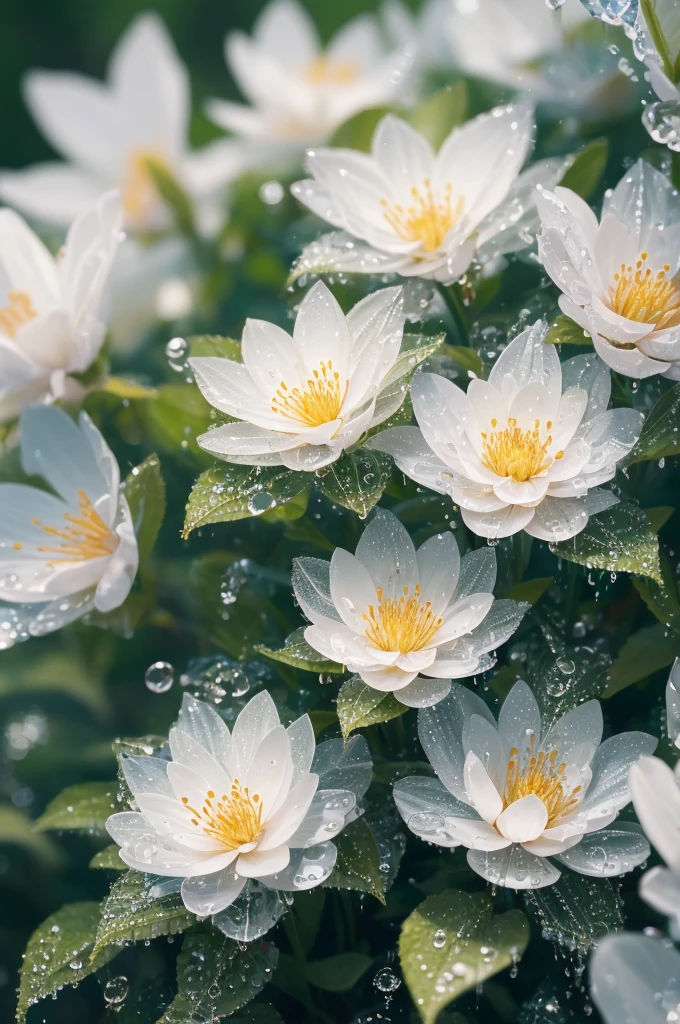 a close up of a plant with water droplets on it, bokeh. iridescent accents, very ethereal, ethereal!!!!!!!, lovely bokeh, incredibly ethereal, ethereal!!!, glittering and soft, . ethereal lights, ethereal beauty, dewdrops, very magical and dreamy, bokeh intricate details, beautiful flowers and crystals, extremely beautiful and ethereal