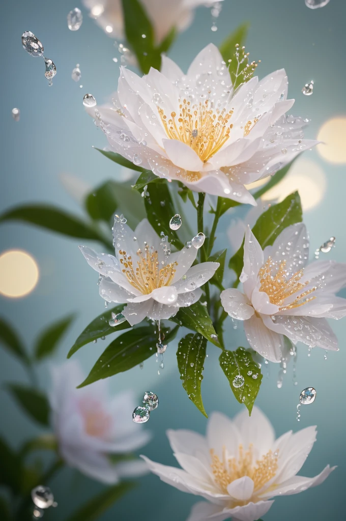 a close up of a plant with water droplets on it, bokeh. iridescent accents, very ethereal, ethereal!!!!!!!, lovely bokeh, incredibly ethereal, ethereal!!!, glittering and soft, . ethereal lights, ethereal beauty, dewdrops, very magical and dreamy, bokeh intricate details, beautiful flowers and crystals, extremely beautiful and ethereal