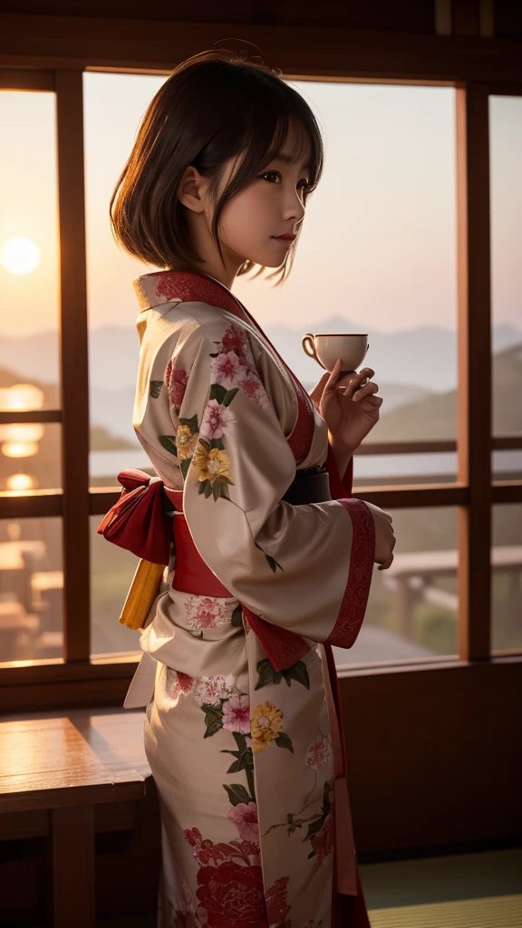 masterpiece、4K、Bokeh、、Beautiful girls(Japanese Idols:)、(Bob Hea:1.3),close、classroom、sunset、Looking at the audience、Cowboy Shot Kimono, Japanese hairstyle, Tea Ceremony, Tatami room, Shoji screen