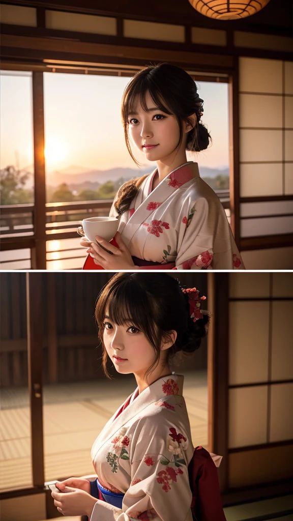 masterpiece、4K、Bokeh、、Beautiful girls（Japanese Idols：16）、（Bob Hea：1.3），close、classroom、sunset、Looking at the audience、Cowboy Shot Kimono, Japanese hairstyle, Tea Ceremony, Tatami room, Shoji screen