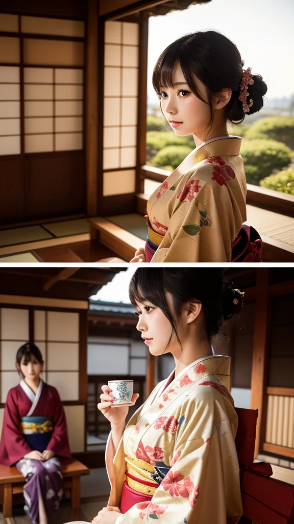 masterpiece、4K、Bokeh、、Beautiful girls(Japanese Idols:16)、(Bob Hea:1.3),close、classroom、sunset、Looking at the audience、Cowboy Shot Kimono, Japanese hairstyle, Tea Ceremony, Tatami room, Shoji screen