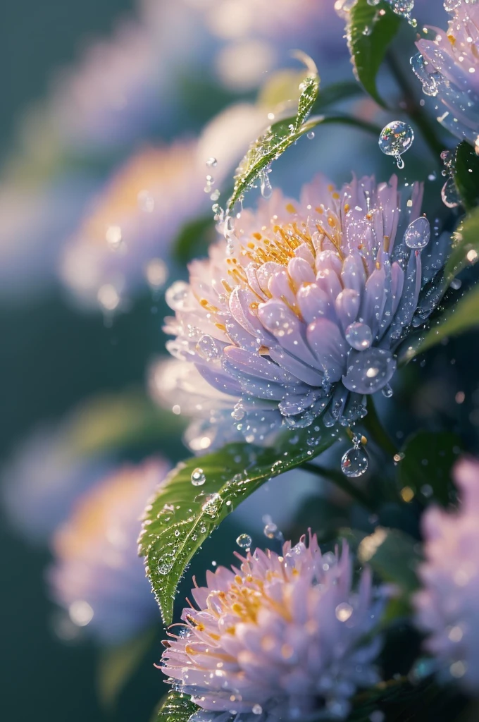 a close up of a plant with water droplets on it, a macro photograph by Marie Bashkirtseff, flickr, pointillism, bokeh. iridescent accents, very ethereal, ethereal!!!!!!!, lovely bokeh, incredibly ethereal, ethereal!!!, glittering and soft, . ethereal lights, ethereal beauty, dewdrops, very magical and dreamy
