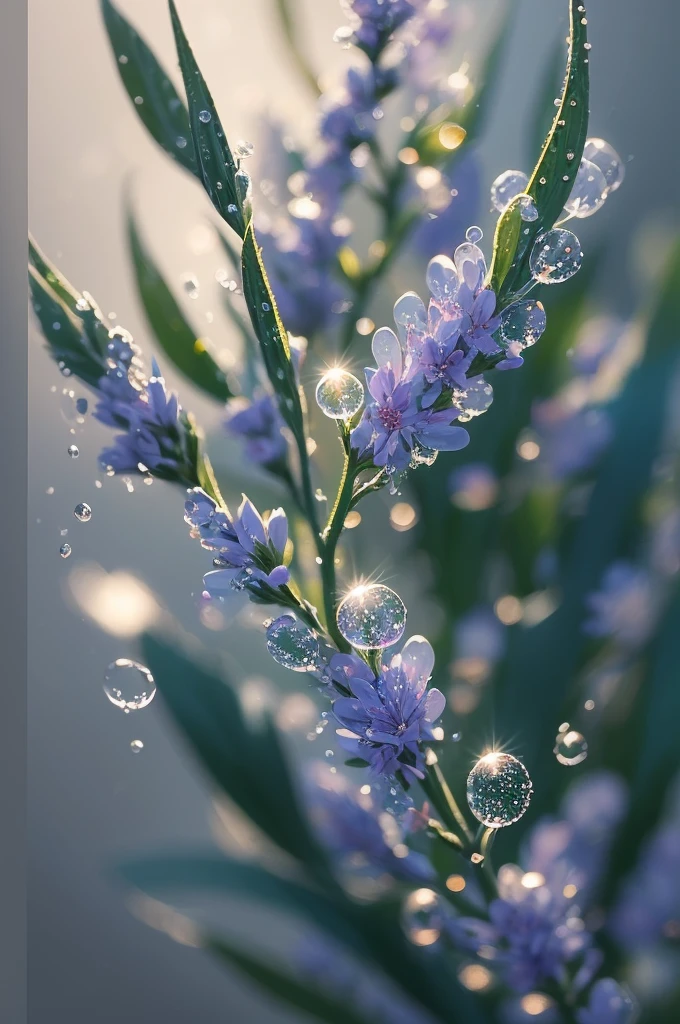 a close up of a plant with water droplets on it, a macro photograph by Marie Bashkirtseff, flickr, pointillism, bokeh. iridescent accents, very ethereal, ethereal!!!!!!!, lovely bokeh, incredibly ethereal, ethereal!!!, glittering and soft, . ethereal lights, ethereal beauty, dewdrops, very magical and dreamy