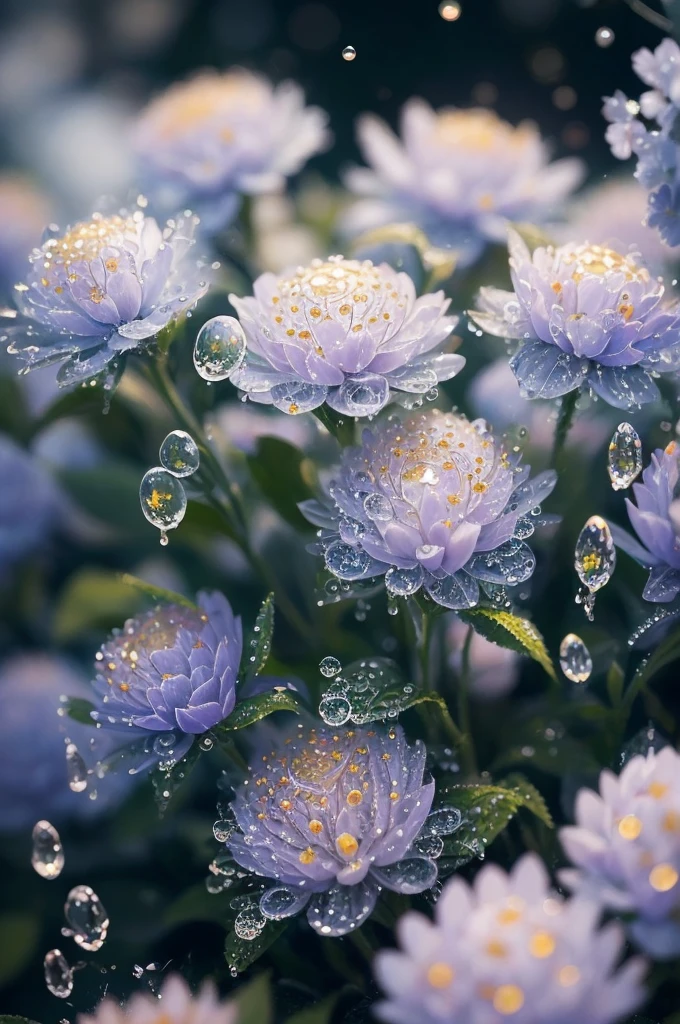 a close up of a plant with water droplets on it, a macro photograph by Marie Bashkirtseff, flickr, pointillism, bokeh. iridescent accents, very ethereal, ethereal!!!!!!!, lovely bokeh, incredibly ethereal, ethereal!!!, glittering and soft, . ethereal lights, ethereal beauty, dewdrops, very magical and dreamy