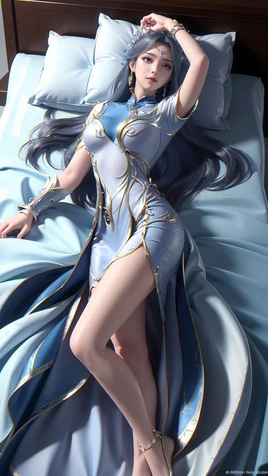 a girl lying on a bed, facing upward, slightly raising her leg, extremely detailed and beautiful 16 year old girl, 4k, 8k, cinematic, full body, lying, long legs, full body capture, (((lying on a bed))), (((full body lying on a bed))), large bed, lying on a bed, head resting on pillow, high quality, photorealistic, hyperrealistic, beautiful skin, flawless complexion, beautiful eyes, long eyelashes, delicate facial features, beautiful lips, graceful pose, natural lighting, warm color palette