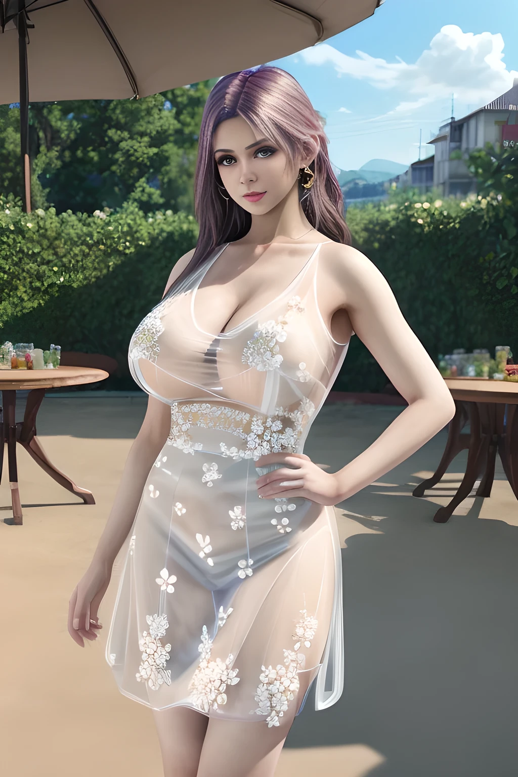 1 girl,Wearing an elegant (white transparent dress with white floral pattern: 1.3). The dress has a V-neck design and is sleeveless with straps passing over the shoulders. The dress has a high slit on the side, adding to its stylish look. The background suggests an outdoor setting with lots of greenery and modern architectural elements, the outdoor part of a chic modern place. The sun shines through the leaves, casting a soft glow on the scene,,open lips,charming smile,((huge breasts), shiny skin,Detailed hair,(tattooed:1.2),((8k, RAW photos, top quality, masterpieces)), high-definition RAW color photos professional photos, (realistic, photorealism: 1.37), (highest quality), (best shadows), ( ultra high resolution, high-definition CG unified 8K wallpapers, physically based rendering, movie lighting),elise