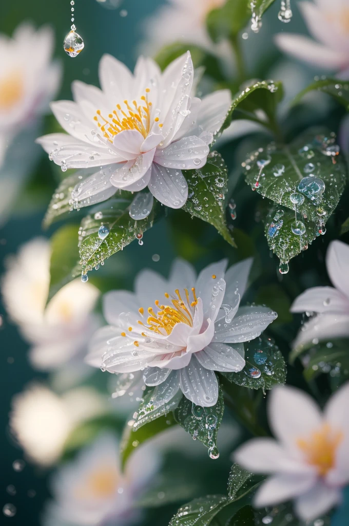 a close up of a plant with water droplets on it, a macro photograph by Marie Bashkirtseff, flickr, pointillism, bokeh. iridescent accents, very ethereal, ethereal!!!!!!!, lovely bokeh, incredibly ethereal, ethereal!!!, glittering and soft, . ethereal lights, ethereal beauty, dewdrops, very magical and dreamy