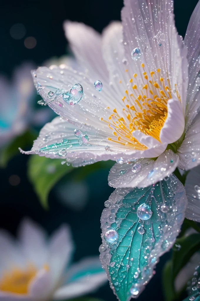 a close up of a plant with water droplets on it, a macro photograph by Marie Bashkirtseff, flickr, pointillism, bokeh. iridescent accents, very ethereal, ethereal!!!!!!!, lovely bokeh, incredibly ethereal, ethereal!!!, glittering and soft, . ethereal lights, ethereal beauty, dewdrops, very magical and dreamy