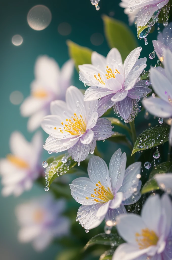 a close up of a plant with water droplets on it, a macro photograph by Marie Bashkirtseff, flickr, pointillism, bokeh. iridescent accents, very ethereal, ethereal!!!!!!!, lovely bokeh, incredibly ethereal, ethereal!!!, glittering and soft, . ethereal lights, ethereal beauty, dewdrops, very magical and dreamy