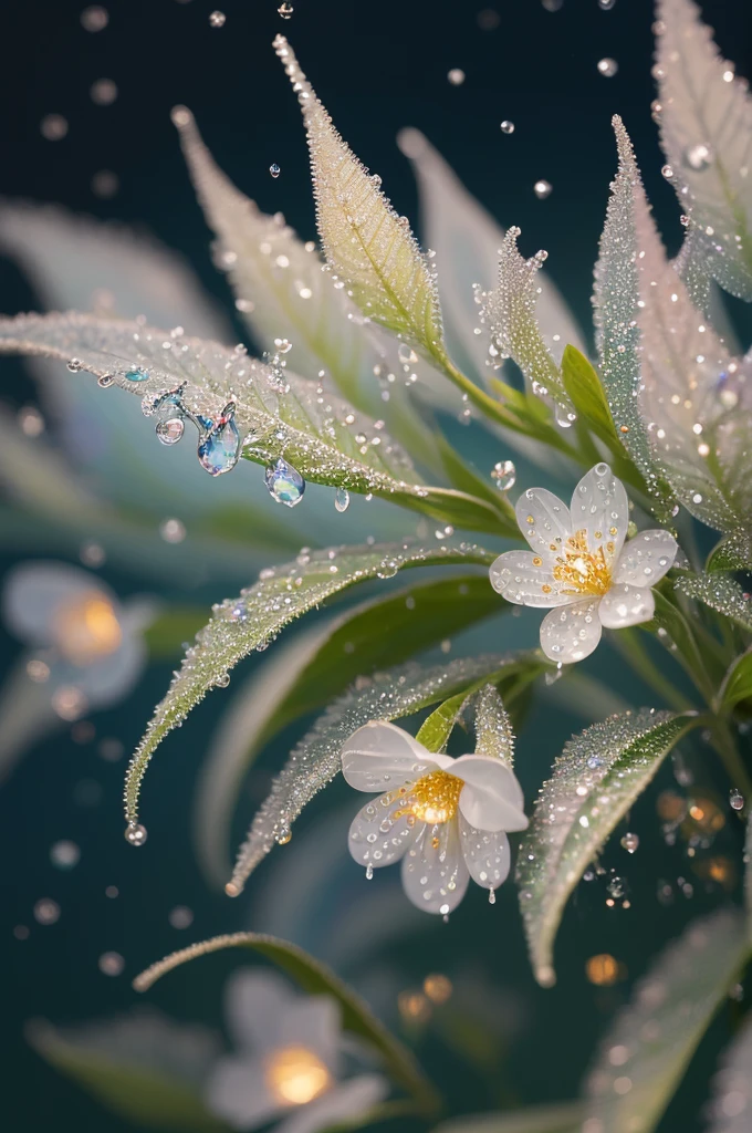 a close up of a plant with water droplets on it, a macro photograph by Marie Bashkirtseff, flickr, pointillism, bokeh. iridescent accents, very ethereal, ethereal!!!!!!!, lovely bokeh, incredibly ethereal, ethereal!!!, glittering and soft, . ethereal lights, ethereal beauty, dewdrops, very magical and dreamy