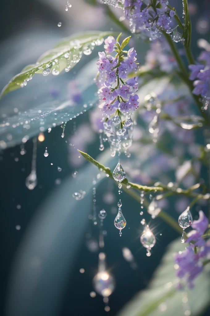 a close up of a plant with water droplets on it, a macro photograph by Marie Bashkirtseff, flickr, pointillism, bokeh. iridescent accents, very ethereal, ethereal!!!!!!!, lovely bokeh, incredibly ethereal, ethereal!!!, glittering and soft, . ethereal lights, ethereal beauty, dewdrops, very magical and dreamy