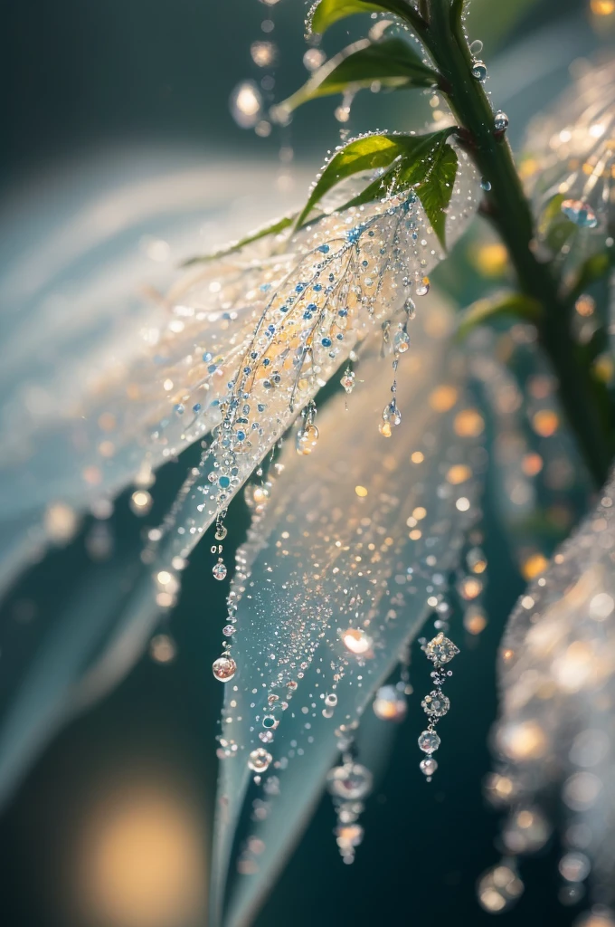 a close up of a plant with water droplets on it, a macro photograph by Marie Bashkirtseff, flickr, pointillism, bokeh. iridescent accents, very ethereal, ethereal!!!!!!!, lovely bokeh, incredibly ethereal, ethereal!!!, glittering and soft, . ethereal lights, ethereal beauty, dewdrops, very magical and dreamy