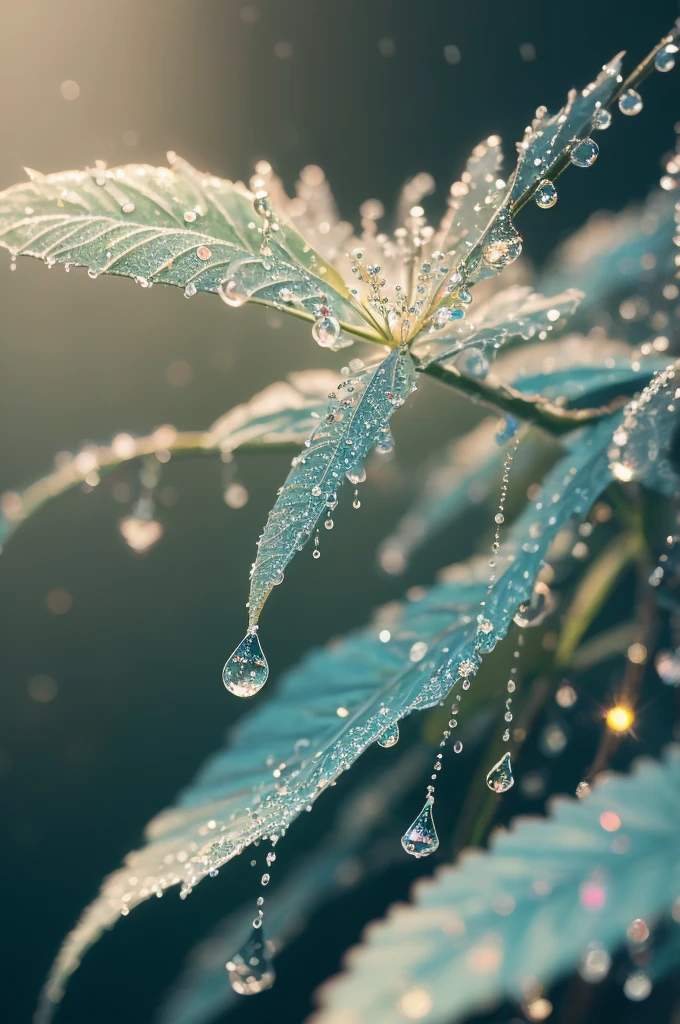 a close up of a plant with water droplets on it, a macro photograph by Marie Bashkirtseff, flickr, pointillism, bokeh. iridescent accents, very ethereal, ethereal!!!!!!!, lovely bokeh, incredibly ethereal, ethereal!!!, glittering and soft, . ethereal lights, ethereal beauty, dewdrops, very magical and dreamy