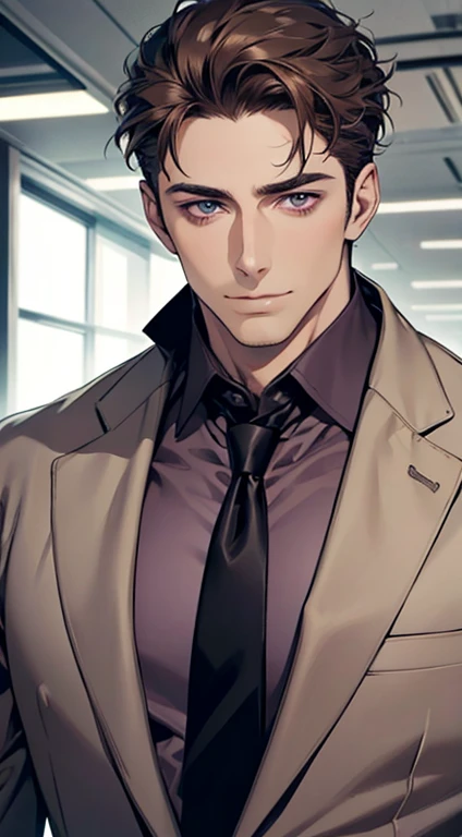(best quality,4k,8k,highres,masterpiece:1.2),ultra-detailed,(realistic,photorealistic,photo-realistic:1.37),1 man,31 years old,mature man,very handsome,without expression,smile,short grey brown hair, Violet eyes,penetrating gaze,perfect face without errors,imposing posture,businessman,office background,cinematic lighting,hdr image
