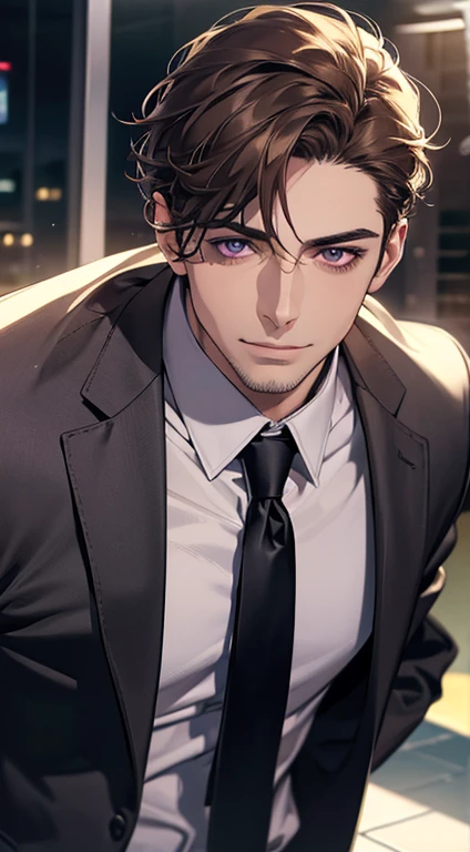 (best quality,4k,8k,highres,masterpiece:1.2),ultra-detailed,(realistic,photorealistic,photo-realistic:1.37),1 man,31 years old,mature man,very handsome,without expression,smile,short grey brown hair, Violet eyes,penetrating gaze,perfect face without errors,imposing posture,businessman,office background,cinematic lighting,hdr image