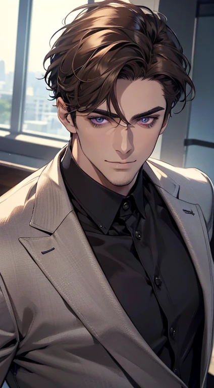 (best quality,4k,8k,highres,masterpiece:1.2),ultra-detailed,(realistic,photorealistic,photo-realistic:1.37),1 man,31 years old,mature man,very handsome,without expression,smile,short grey brown hair, Violet eyes,penetrating gaze,perfect face without errors,imposing posture,businessman,office background,cinematic lighting,hdr image