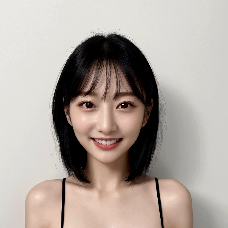 The background is the room、1people、Delicate skin quality、日本people、((Highest quality, 4K, Masterpiece: 1.3)), Beautiful style: 1.4, Short black hair, one piece, Large Breasts, Wet body, Sweaty, Place your arms on your hips, smile, Highly detailed face and skin texture, Fine grain, double eyelid、The whole body is visible、White teeth